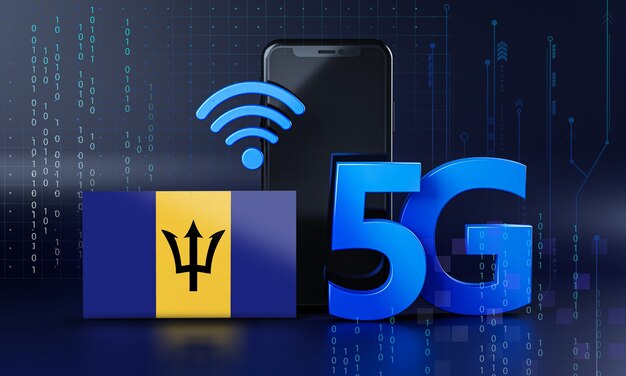 Barbados klaar voor 5G-verbindingsconcept. 3D-rendering Smartphone technische achtergrond