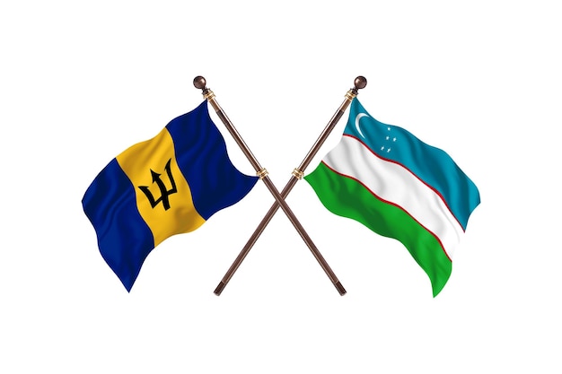 Barbados versus Uzbekistan Two Countries Flags Background