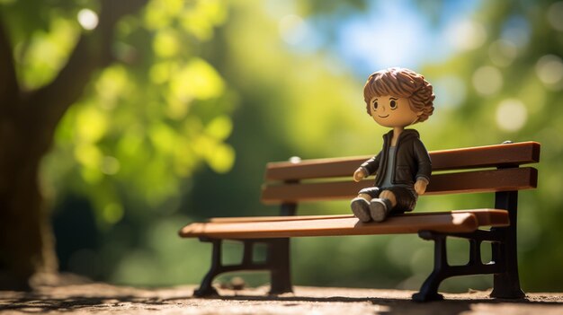 Barbara A Miniature Child Sitting On A Forest Bench With Psychological Depth