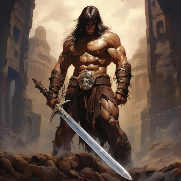 Barbaric Brilliance Unleashing Conan the Conqueror in an Epic Frank Frazetta Inspired Battle Pose