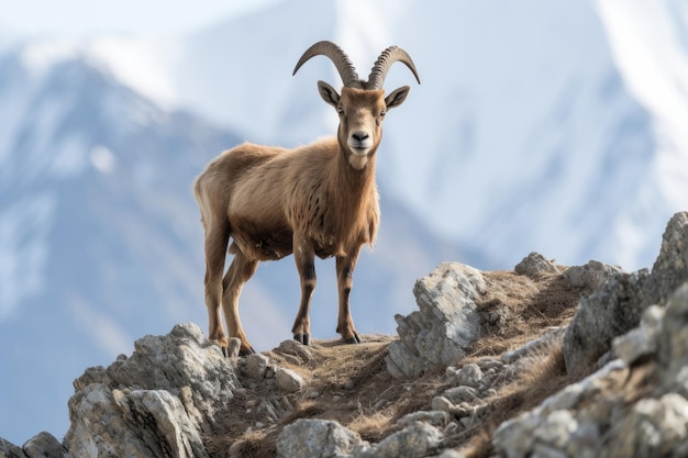 Barbary schapen staan op de top van een berg in de Himalayas Nepal Een Barbary schaap Capra ibex op de helling van een berg AI gegenereerd