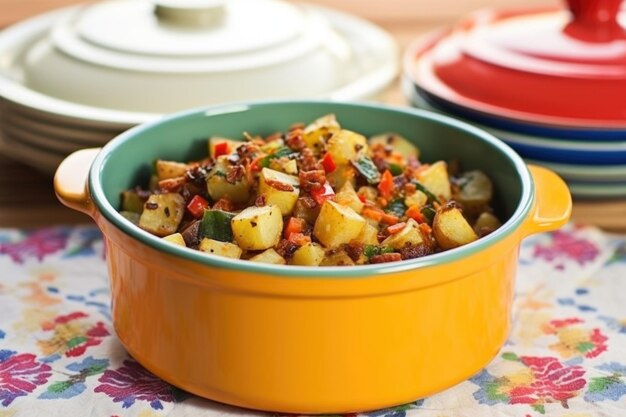 Barbecue aardappelsalade in een kleurrijke keramische kom met aardappelen op de achtergrond