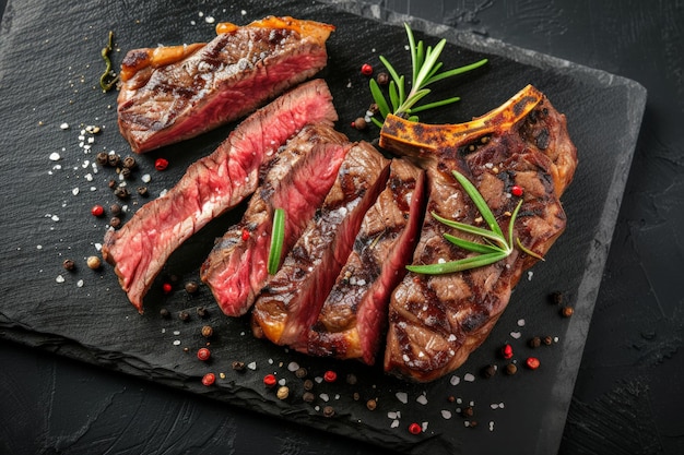 Barbecue aged wagyu porterhouse steak sliced as top view on a slate board Beef TBone juicy steak rare beef with spices Food recipe background
