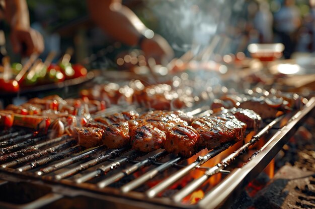 バーベキューのコンテストで 料理人がグリルを焼いています