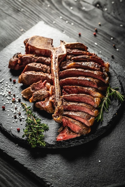 Barbecue dry aged Wagy porterhouse or T-bone beef steak sliced with large fillet piece with herbs and salt. banner, catering menu recipe place for text, top view