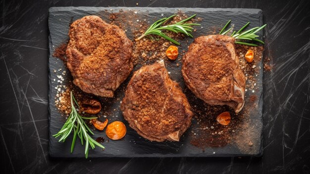 Barbecue fried lamb meat chops on a marble board