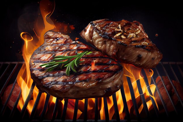 Barbecue grill met rundvlees steaks close-up Generative Ai