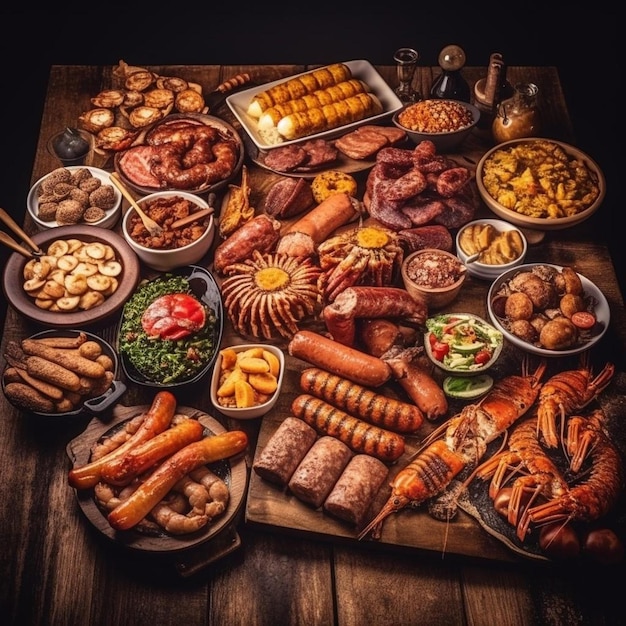 barbecue grill party tasty food on wooden desk