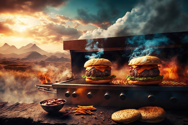 Barbecue grill on picnic with fast food in form of delicious meat bbq burger