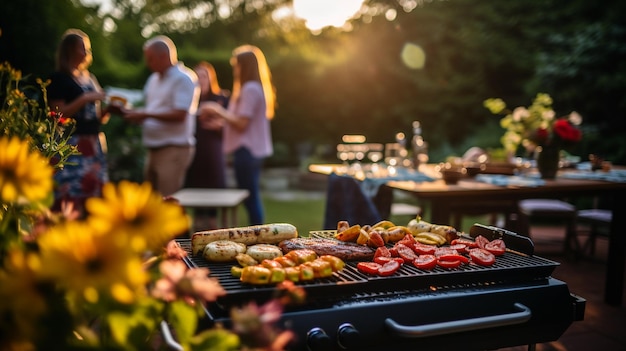 Photo a barbecue grill sizzling away in the backyard surrounded by a multitude of friends sets the scene