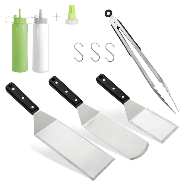 Barbecue and grill spatula bottle hook tongs tools set on White Background