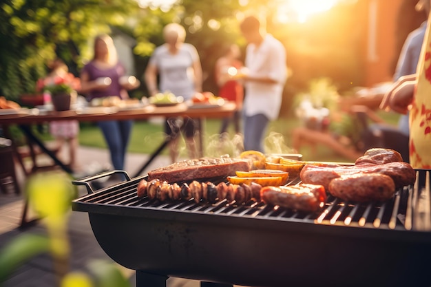 Barbecue-grill tijdens feest in de achtertuin met veel vrienden 's morgens verjaardagsfeestje van Happ