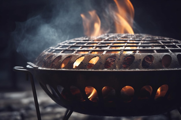 Фото Гриль для барбекю с горящим огнем, фото вблизи, пустая пламенная гриль для приготовления пищи и обжаривания