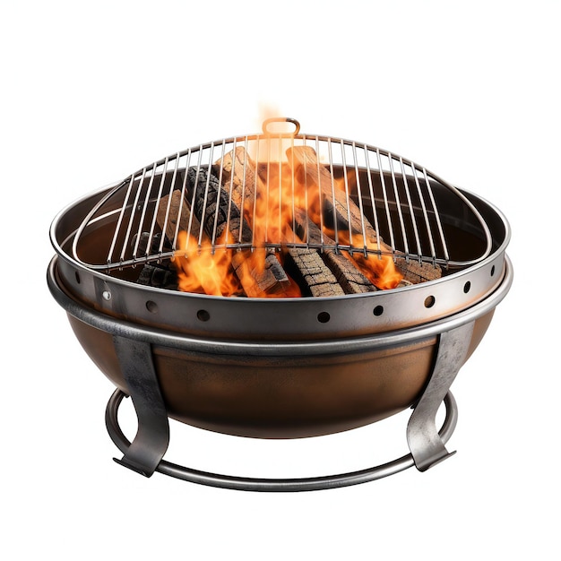 Barbecue grill with burning firewood isolated on a white background