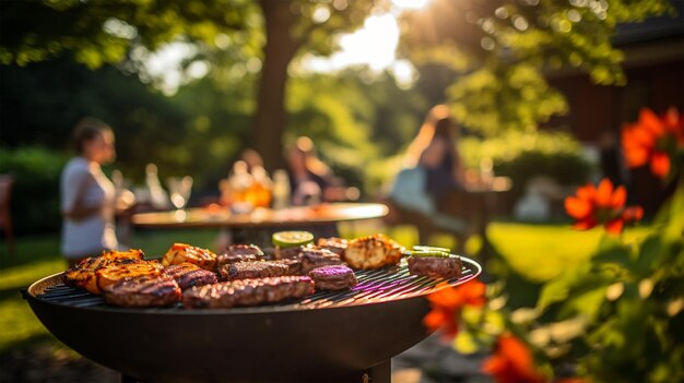 Photo barbecue grill with delicious grilled meat vegetables and other food on summer party