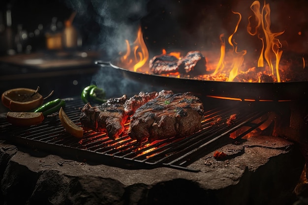 Barbecue Grill with Fire on Open Air AI Generation