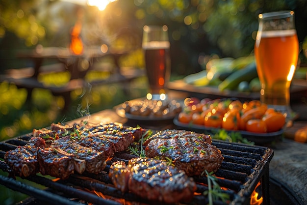 Foto una griglia da barbecue con un bicchiere di birra e carne alla griglia
