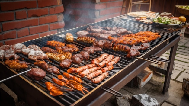 A barbecue grill with meat and chicken on it