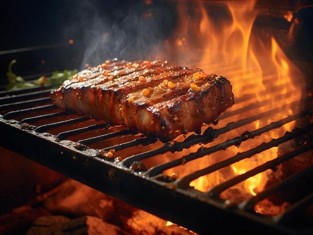 a barbecue grill with meat and vegetables cooking on it.