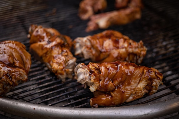 barbecue grill with meat and vegetables