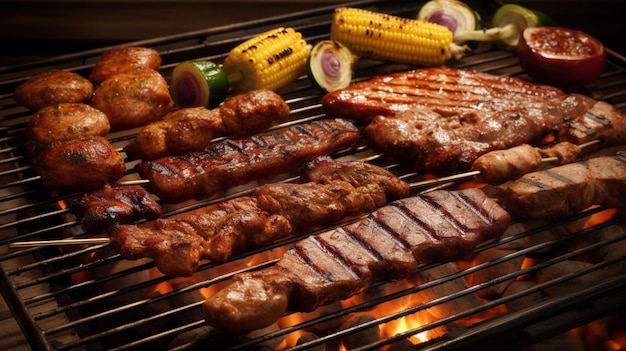 A barbecue grill with meats and vegetables on it