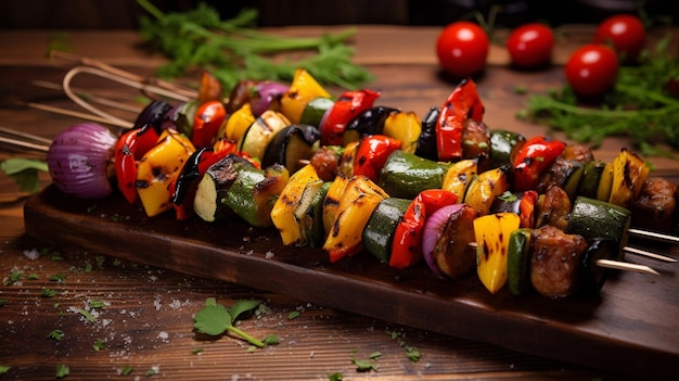 barbecue grilled skewers on wooden table