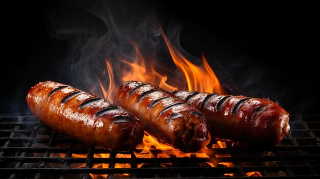 Barbecue juicy sausage on grill fire with smoke