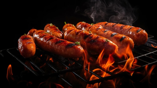 Barbecue juicy sausage on grill fire with smoke