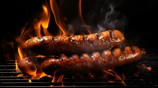 Barbecue juicy sausage on grill fire with smoke