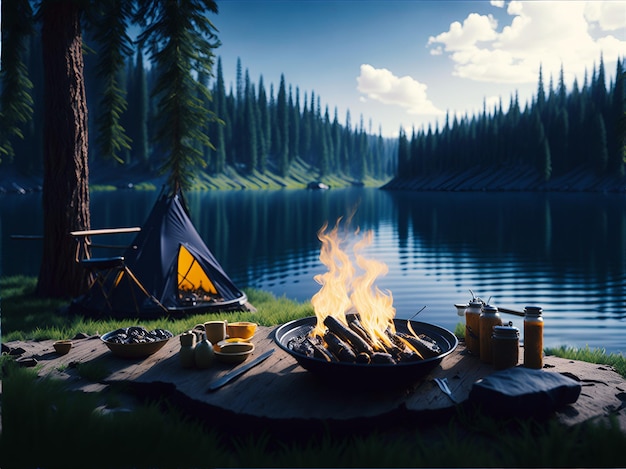 Barbecue on the lake Camping in the summer AI generated