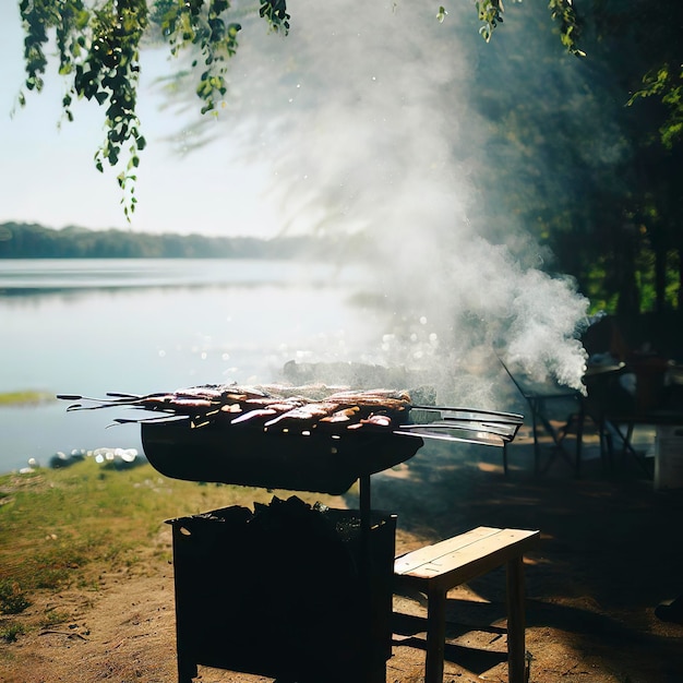 Barbecue on the lake camping in the summer