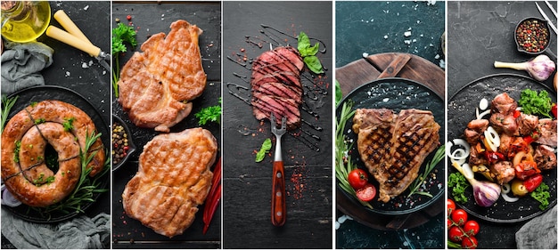 Barbecue, meat dishes: steak, kebab, sausage. Photo collage. Banner.