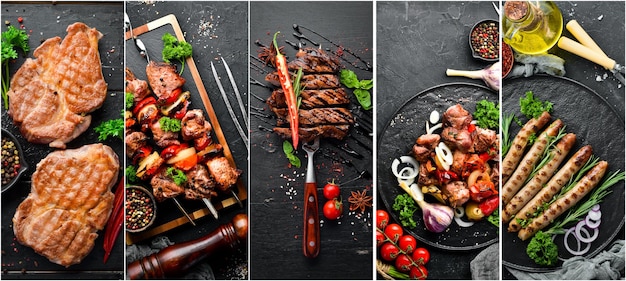 Barbecue meat dishes steak kebab sausage photo collage\
banner