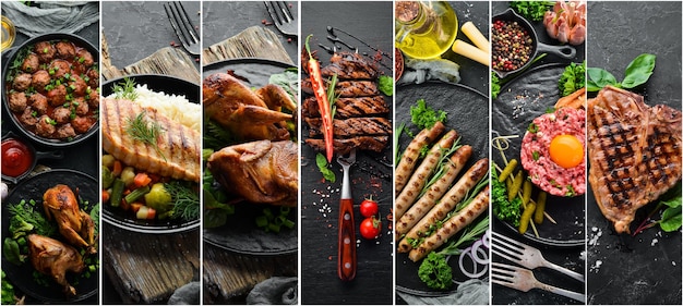 Barbecue, meat dishes: steak, kebab, sausage. Photo collage. Banner.