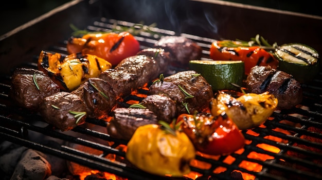 Foto barbecue con verdure alla griglia e bistecche succose.