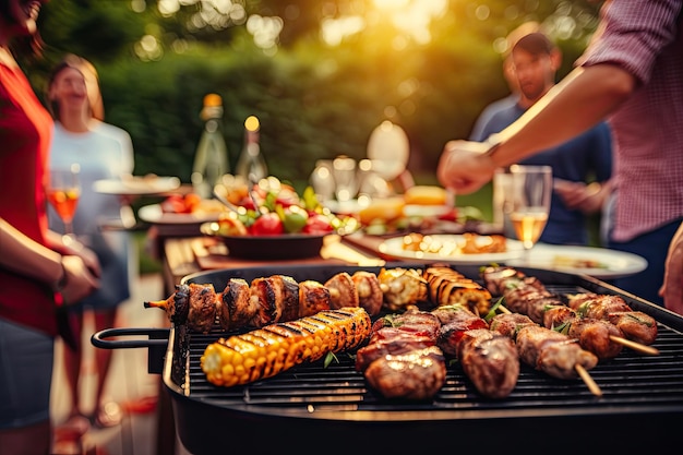 Barbecue Picnic on Blurred Background Friends BBQ Party Outdoors Grilled Meat and Vegetables Closeup Barbecue Grill with Food Selective Focus Generative AI Illustration