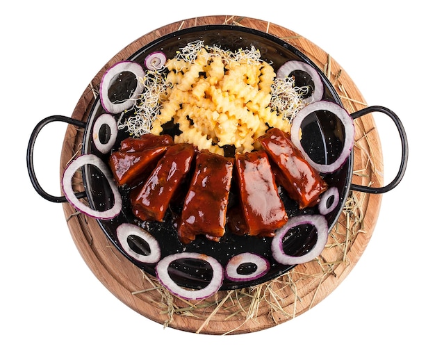 Barbecue pork ribs with fried potatoes Top view on white background