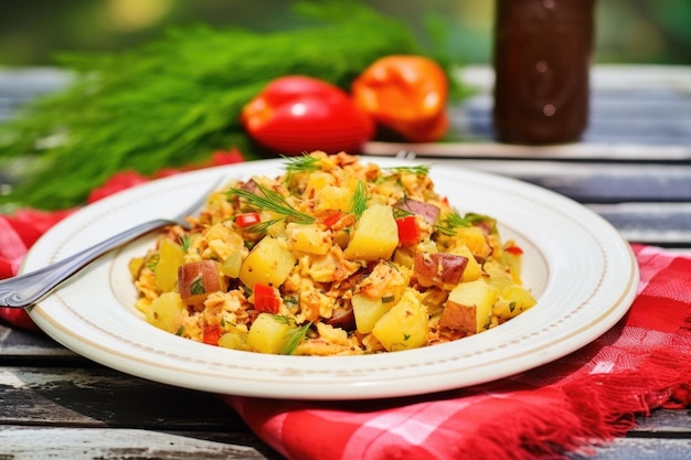 Foto insalata di patate al barbecue servita su un piatto bianco con argenteria accanto