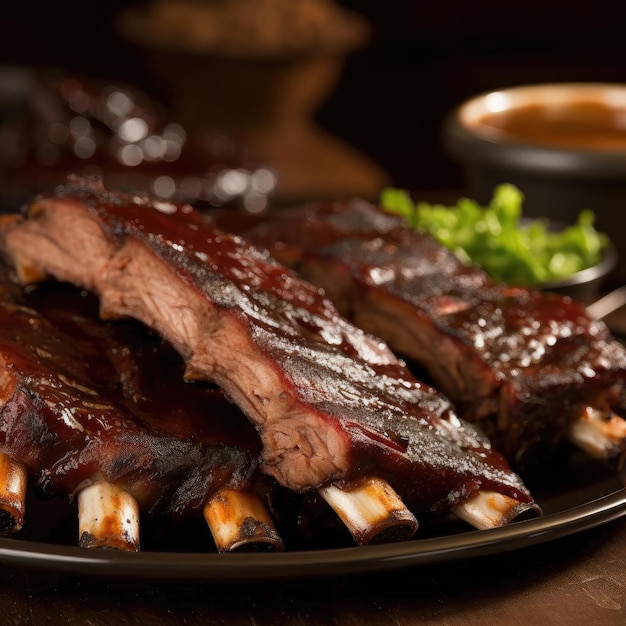 Barbecue ribs on plate with sauce and vegetables on wooden background