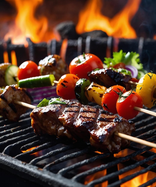 Foto barbecue rundvlees op een spies met groenten op de barbecue
