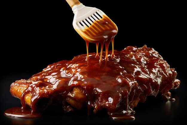A barbecue sauce being spread onto meat with a spoon