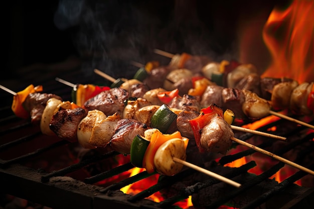 Barbecue skewers meat kebabs with vegetables on flaming grill Ai generative