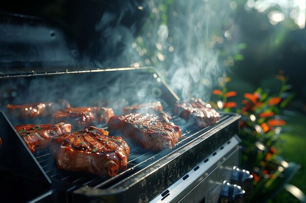 A barbecue smoker emitting fragrant smoke as pork