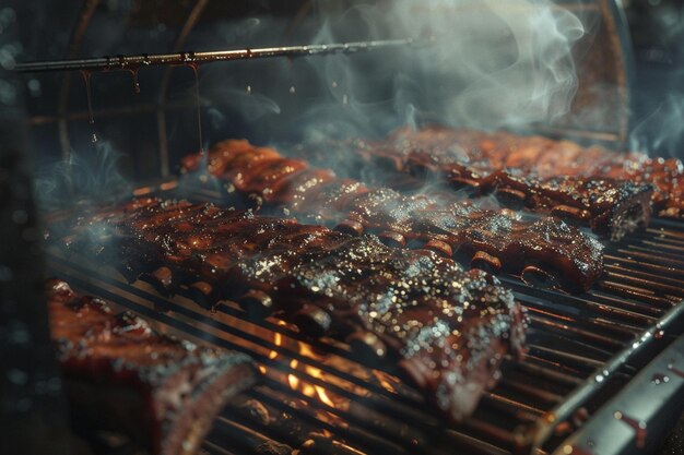 A barbecue smoker filled with racks of ribs briske