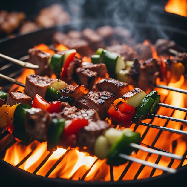 Barbecue Spiesjes vlees kebab met groenten op vlammende grill