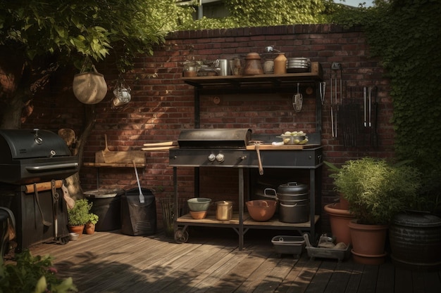 Barbecue in sunny backyard ready to grill generative IA