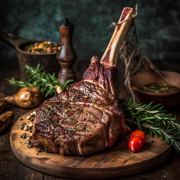 Barbecue Tomahawk Steak on bone on wooden Cutting Board with spices rosemary spigs and cherry tomato Juicy tomahawk ribeye steak in rustic style mediun mare beef steak Steak house Generative AI