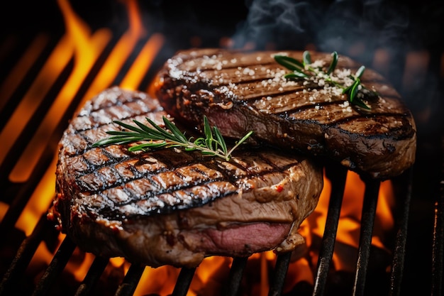 Foto barbecue tuingrill met biefstuk steaks close-up