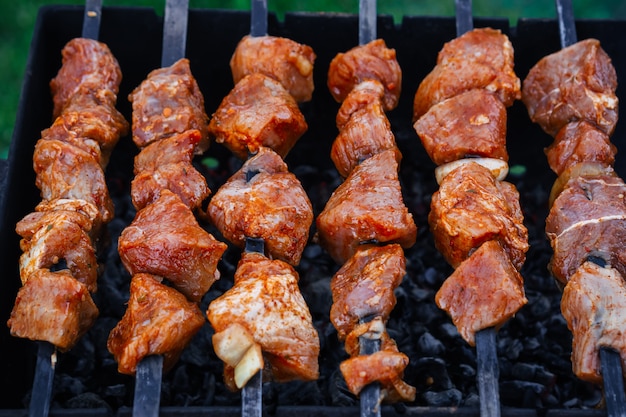 Barbecue van varkensvlees wordt bereid op spiesjes op de grill