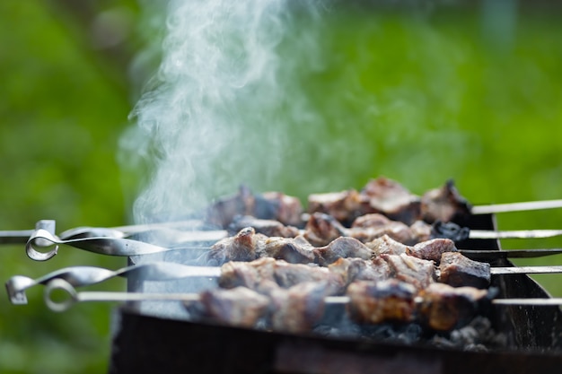 Barbecue vlees op spiesjes. Sjasliek koken op de mangal in de natuur. Gegrilde kebab koken op metalen spies. Thuis picknick